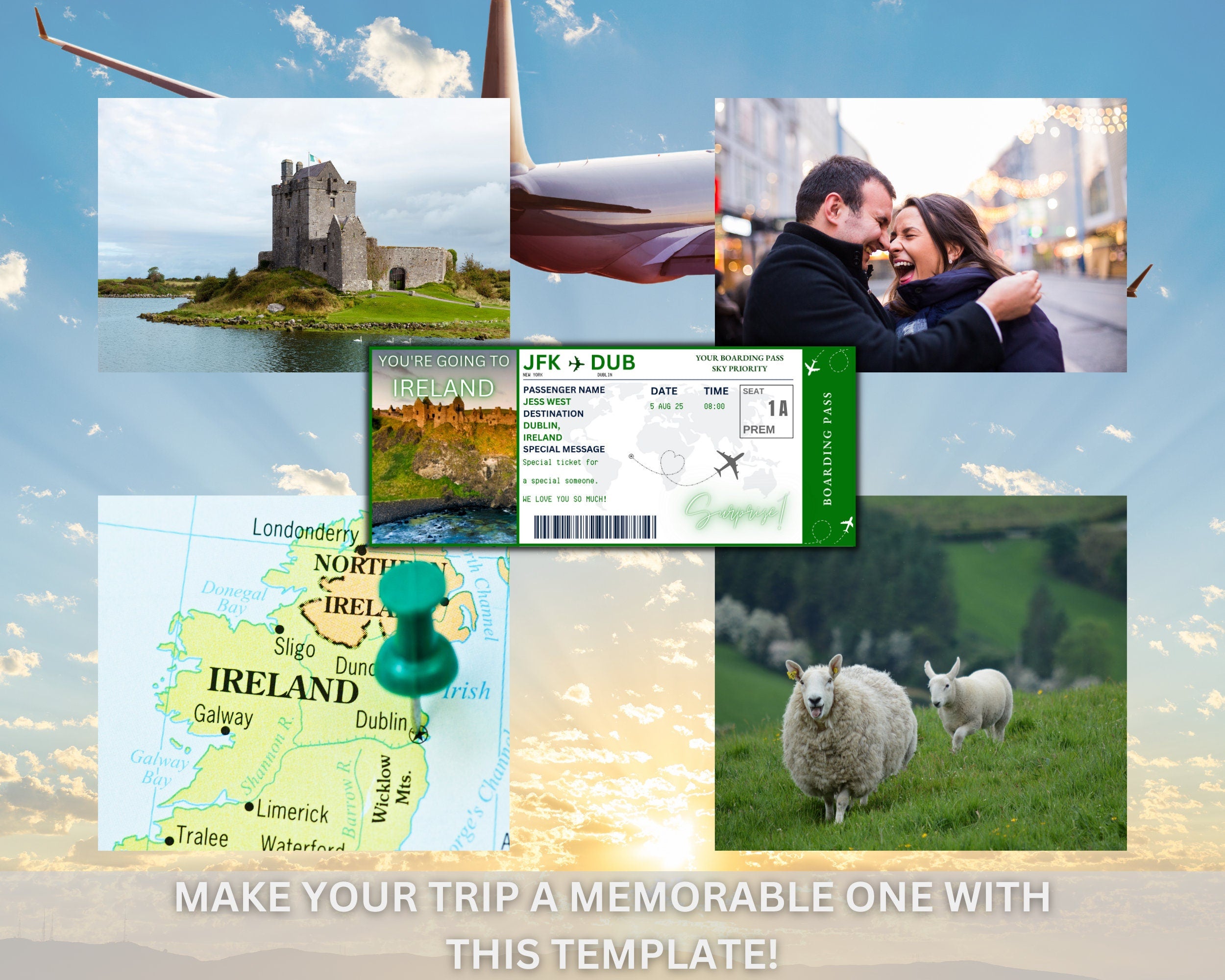 Ireland Surprise Boarding Pass Template, Editable Canva Ticket (Digital Download)