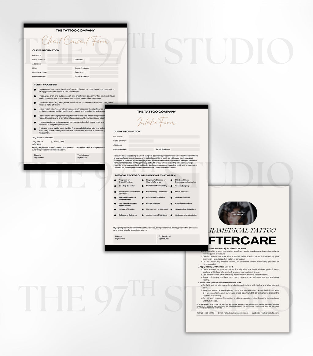 Paramedical Tattoo Business Forms, Paramedical Tattoo Client Intake Forms, Paramedical Tattoo Aftercare, Consent Form, Tattoo Aftercare Card