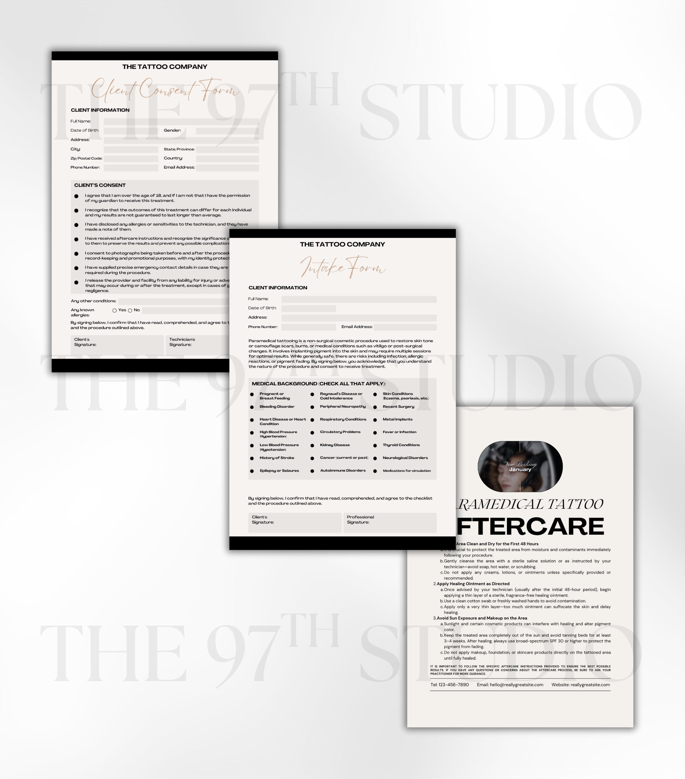 Paramedical Tattoo Business Forms, Paramedical Tattoo Client Intake Forms, Paramedical Tattoo Aftercare, Consent Form, Tattoo Aftercare Card