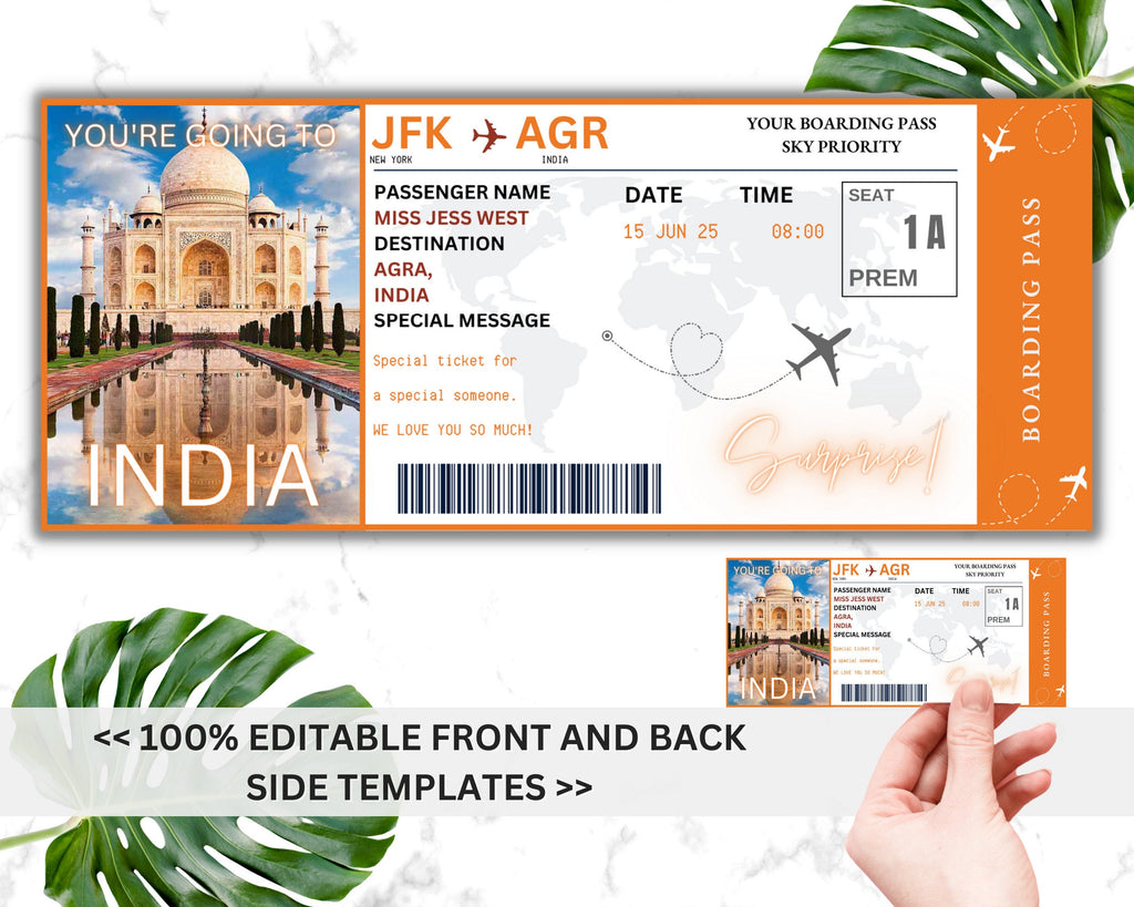 EDITABLE India Surprise Boarding Ticket Template Pass,India Canva Boarding Pass,Plane Ticket to Ride Vacation Trip Flight Gift Coupon Vol. 1