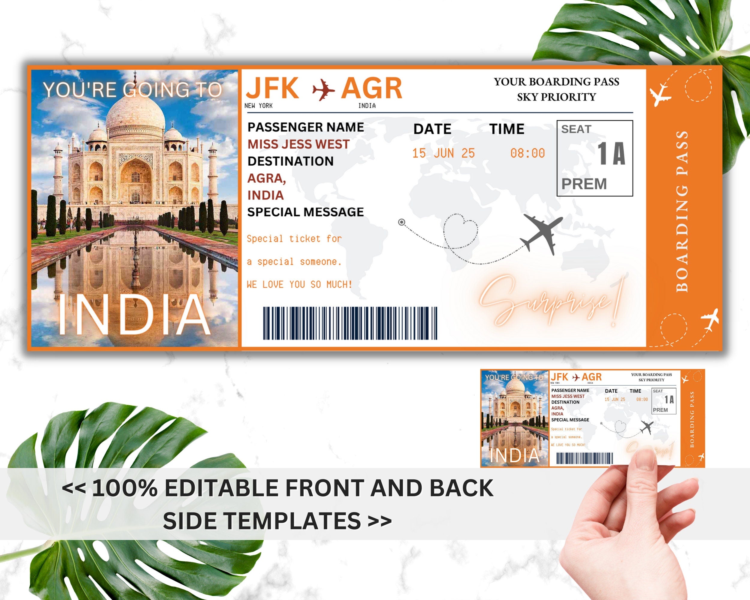 EDITABLE India Surprise Boarding Ticket Template Pass,India Canva Boarding Pass,Plane Ticket to Ride Vacation Trip Flight Gift Coupon Vol. 1