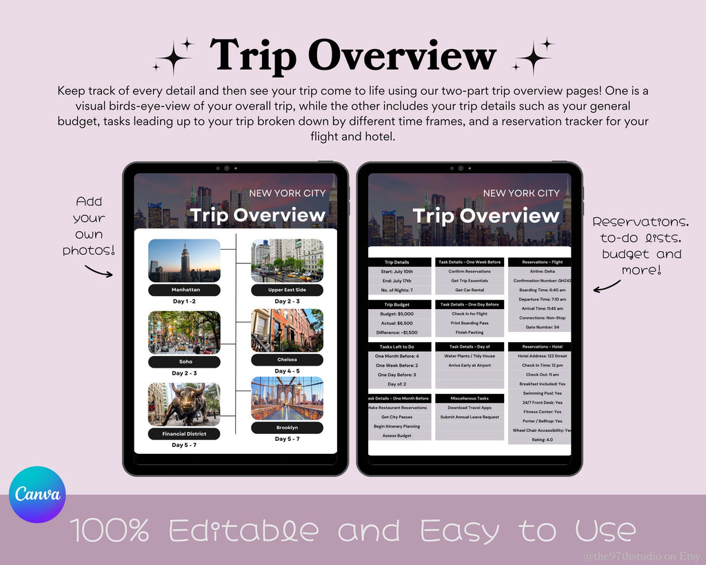 Travel Planner Digital Travel Planner Vacation Planner Travel Itinerary Mobile Travel Planner Travel Guide Trip Planner New York City Trip