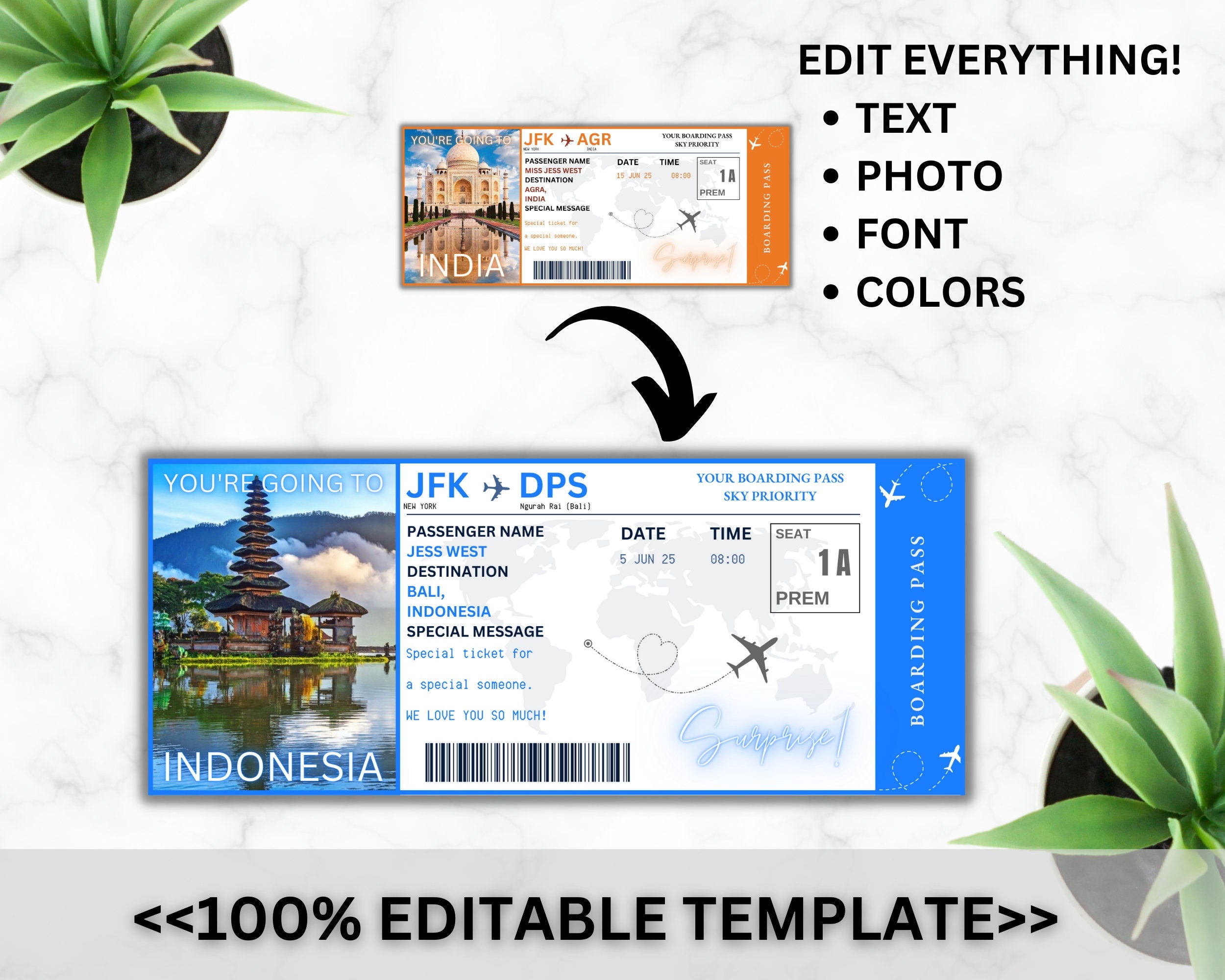 EDITABLE India Surprise Boarding Ticket Template Pass,India Canva Boarding Pass,Plane Ticket to Ride Vacation Trip Flight Gift Coupon Vol. 1