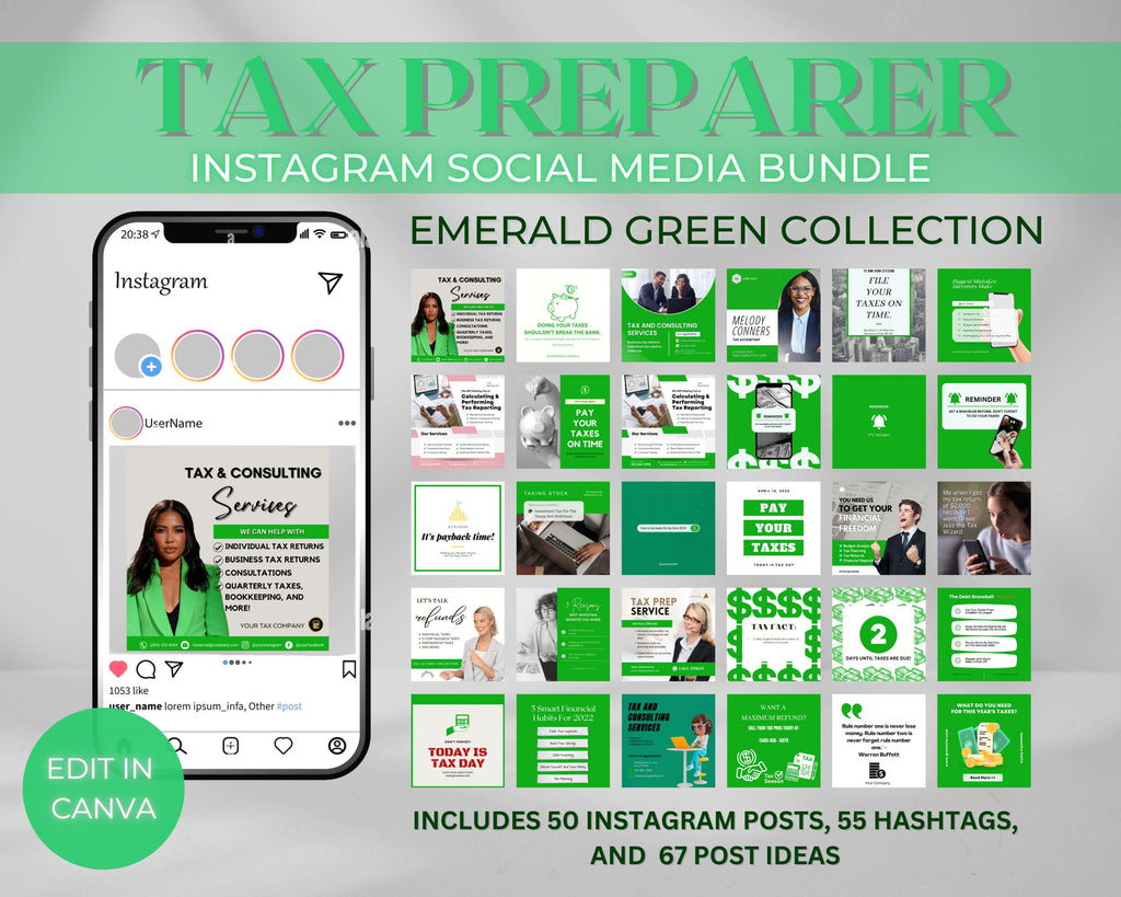 Tax Preparer Instagram Template Bundle, Emerald Green Social Media (Canva)