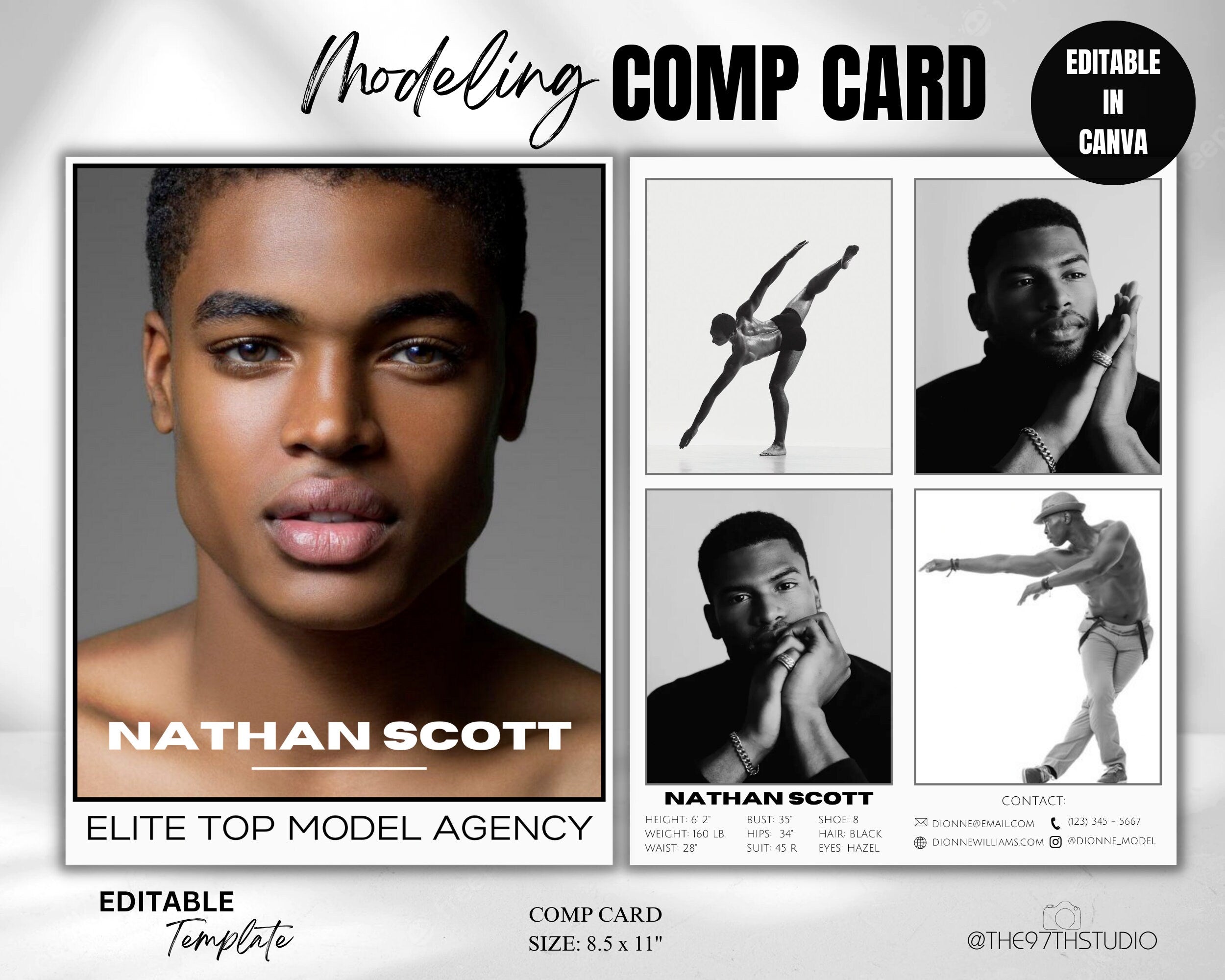 Male Model COMP CARD Template, Modeling Photocard, Zed Card for Models, Z Card, Fashion Resume Card, Modeling Comp Card, Editable Template
