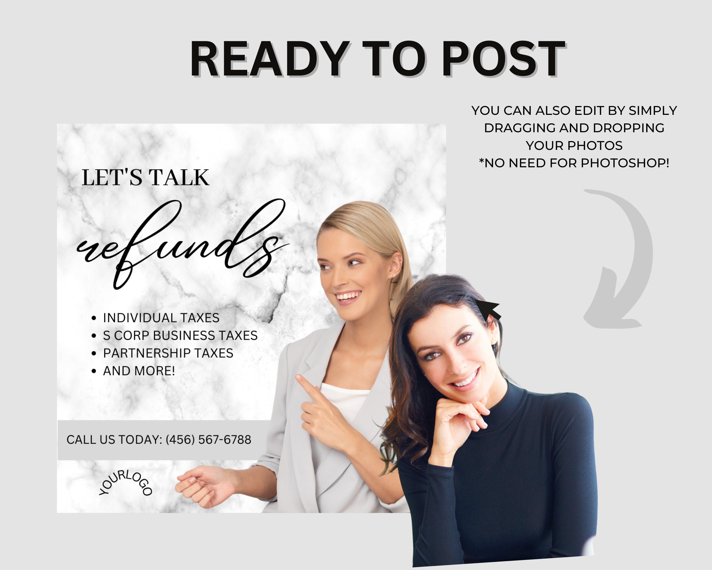 Tax Preparer Instagram Template, Marble Social Media Bundle (Canva)