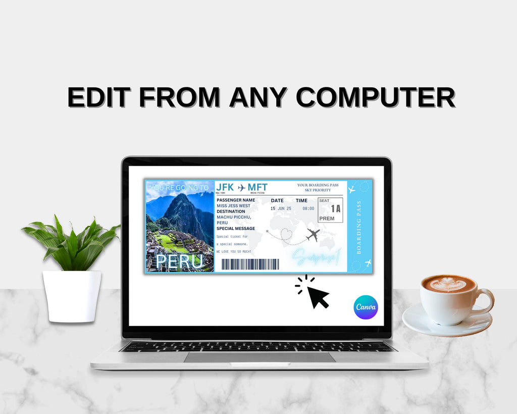 EDITABLE Peru Surprise Boarding Ticket Template Pass, Peru Canva Boarding Pass, Plane Ticket to Ride Vacation Trip Flight Gift Coupon Vol. 1
