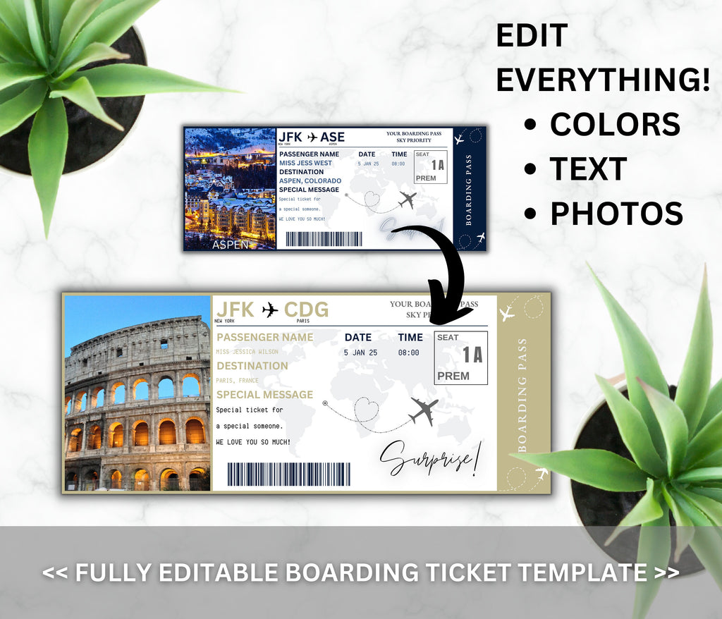 Aspen Surprise Boarding Pass Template, DIY Vacation Gift (Canva Editable)