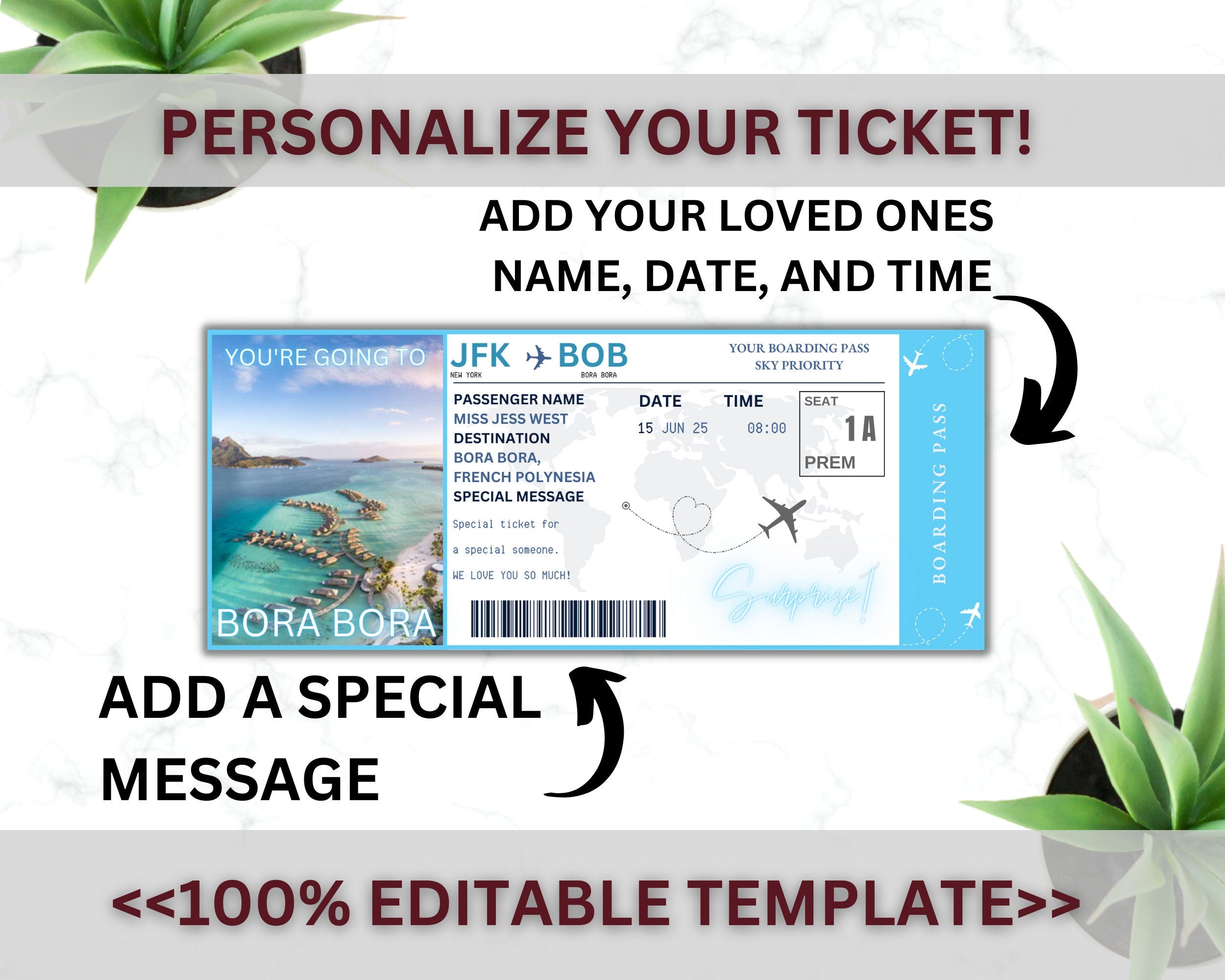 Bora Bora Surprise Boarding Pass Template, Editable Canva Flight Ticket (Digital Download)