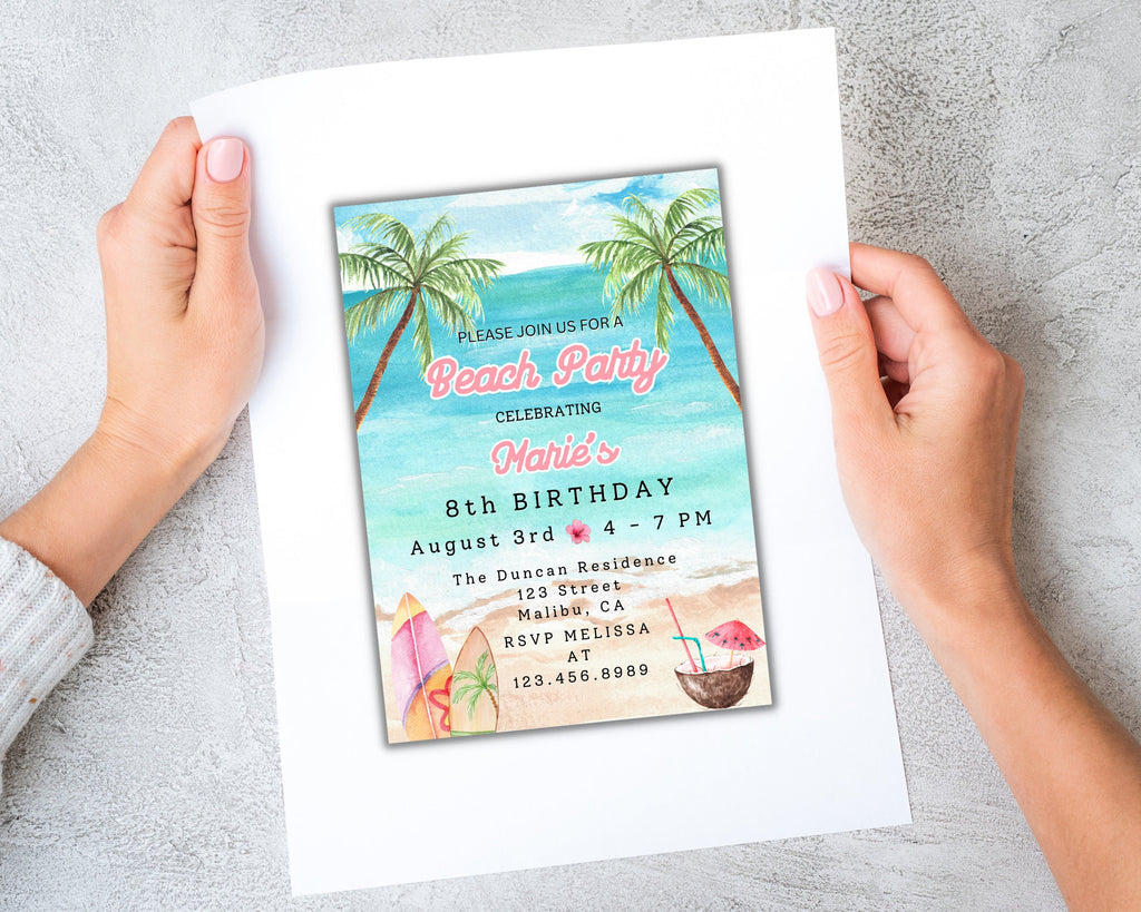 BEACH Birthday Invitation Template, Tropical Birthday Invite, Beach Birthday Invite, Itinerary Beach Palm Tree Swim Vacation DIY MARIE #001