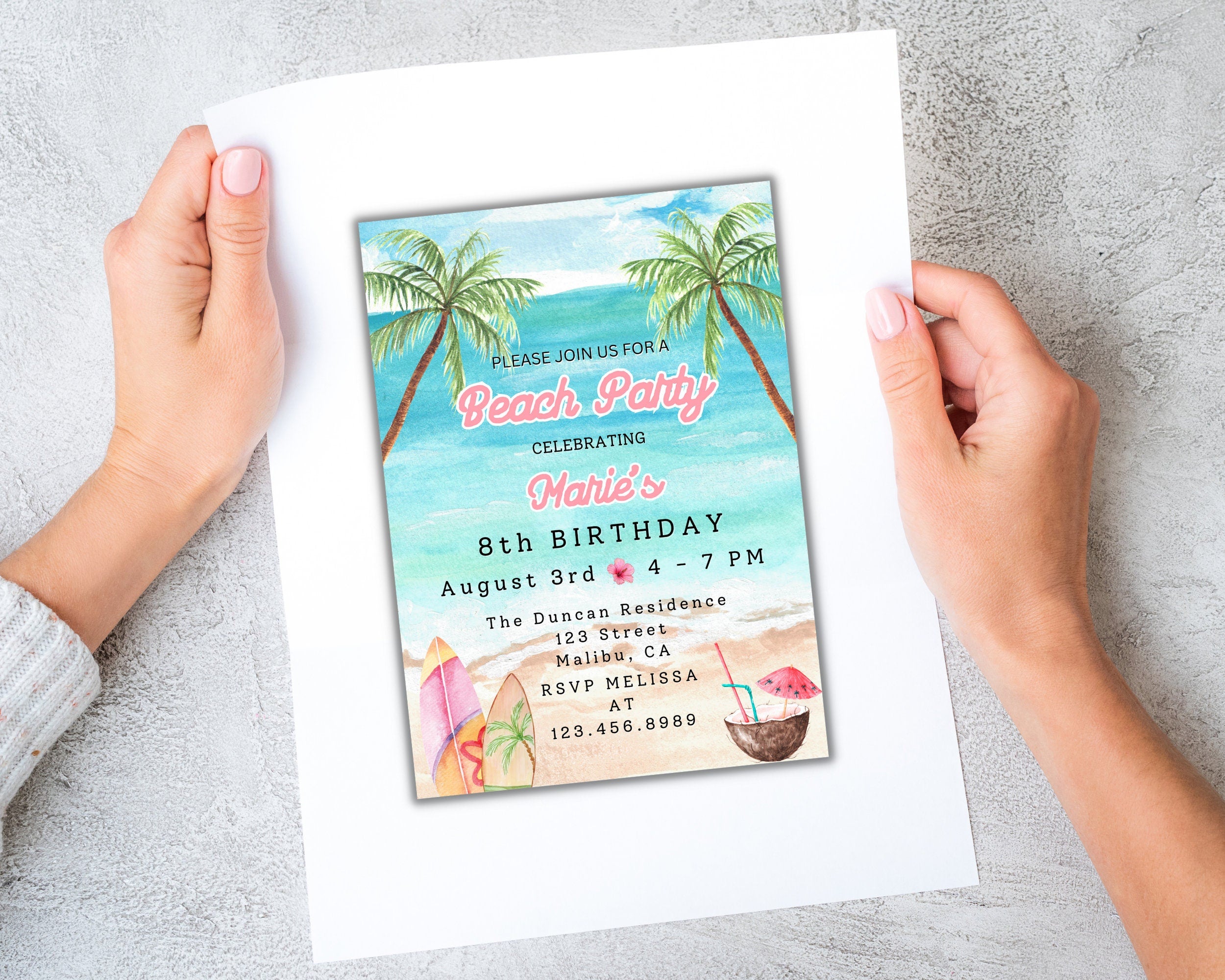 BEACH Birthday Invitation Template, Tropical Birthday Invite, Beach Birthday Invite, Itinerary Beach Palm Tree Swim Vacation DIY MARIE #001