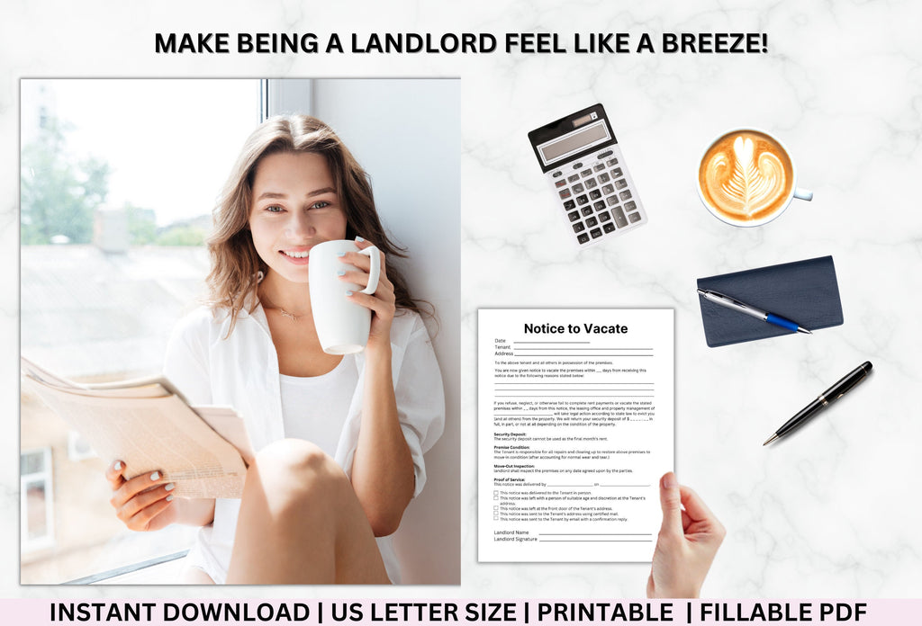 Notice to Vacate Template, Eviction Letter, Landlord Forms (PDF)