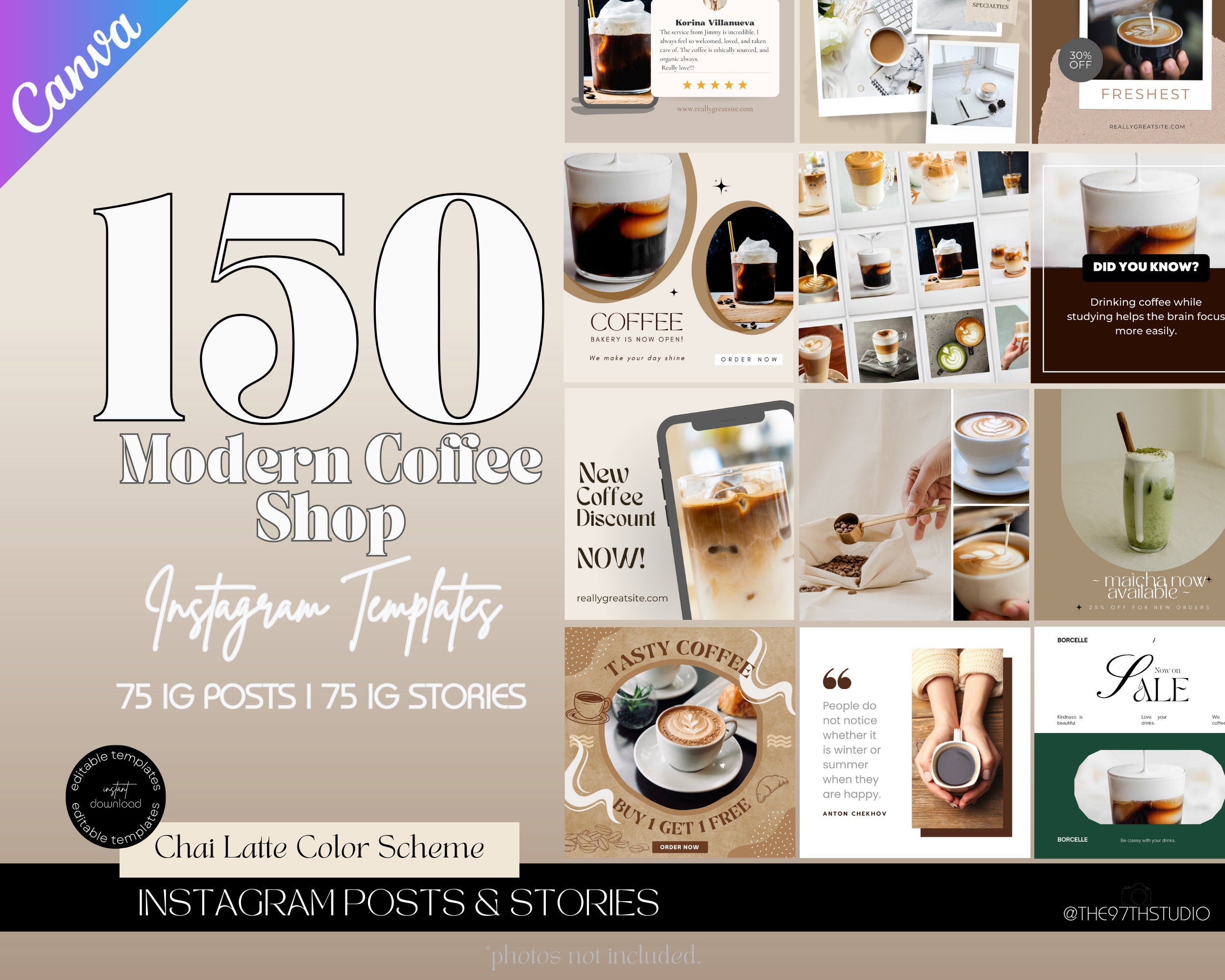 Coffee Instagram Post Templates | Beige Social Media (Canva Editable)