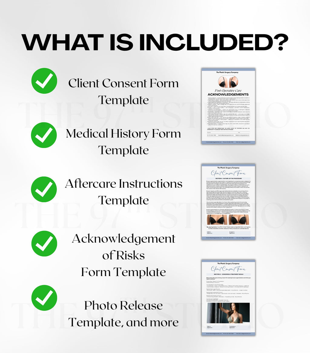 BREAST AUGMENTATION Forms Bundle, Plastic Surgery Client Intake, Consent, Photo Release, Aftercare Forms (Canva Template) Medical Forms