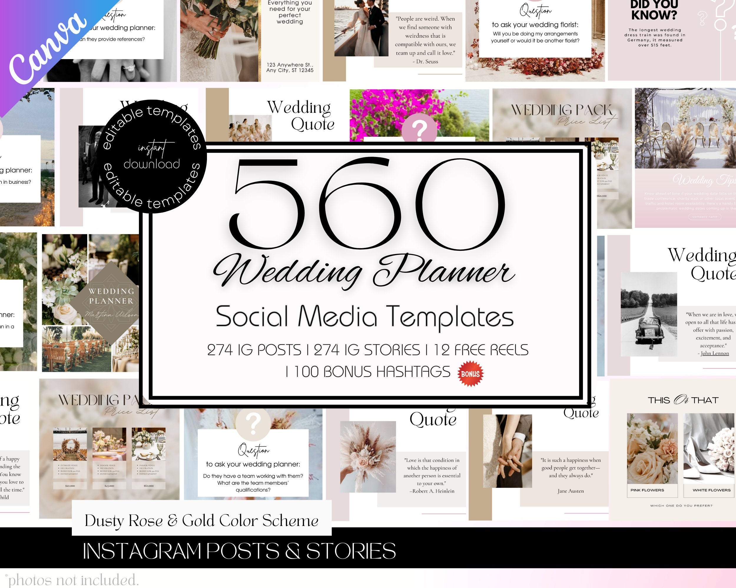 560 Wedding Planner Instagram Templates, Wedding Bundle, Social Media Marketing, Reels, Wedding Quotes,Event Planner Small Business Branding