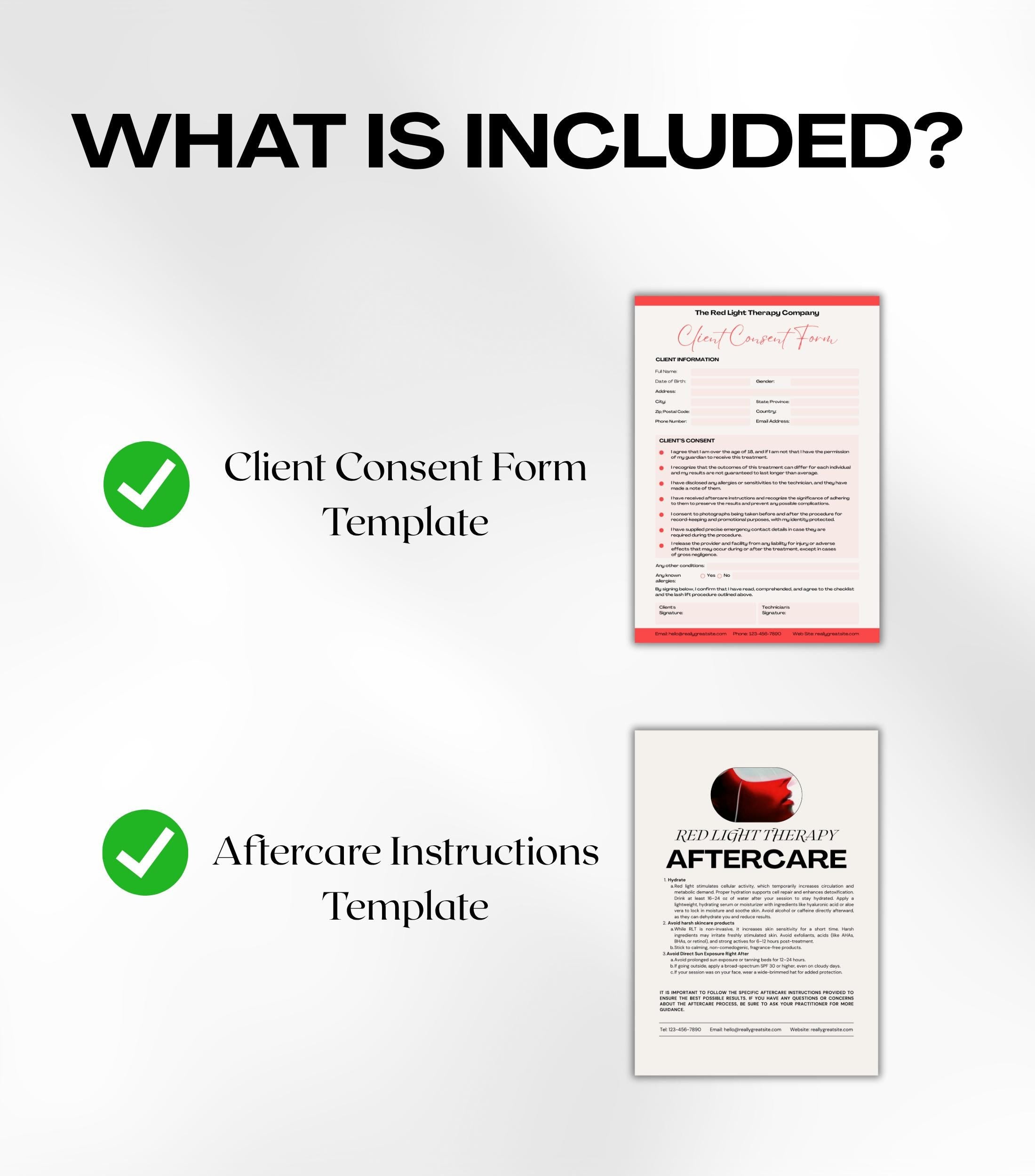 Red Light Therapy Business Forms, Red Light Therapy Consultation Forms, Red Light Therapy Aftercare, Consent Form, Aftercare Instructions