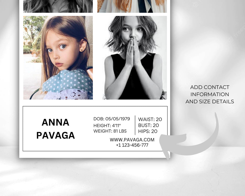 KIDS COMP CARD Template,Modeling Photo Card,Zed Card for Kid Models,Z Card,Fashion Resume, Model Comp Card for Kids,Editable Canva Template