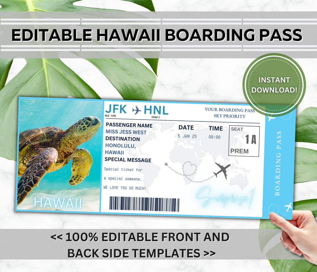 Editable Hawaii Boarding Pass Template, Surprise Vacation (Digital Download)