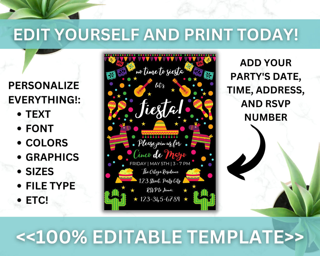 Editable Cinco De Mayo Party Invitation, Digital or Printable Cinco De Mayo Invitation, Mexican Fiesta invitation, Instant Download