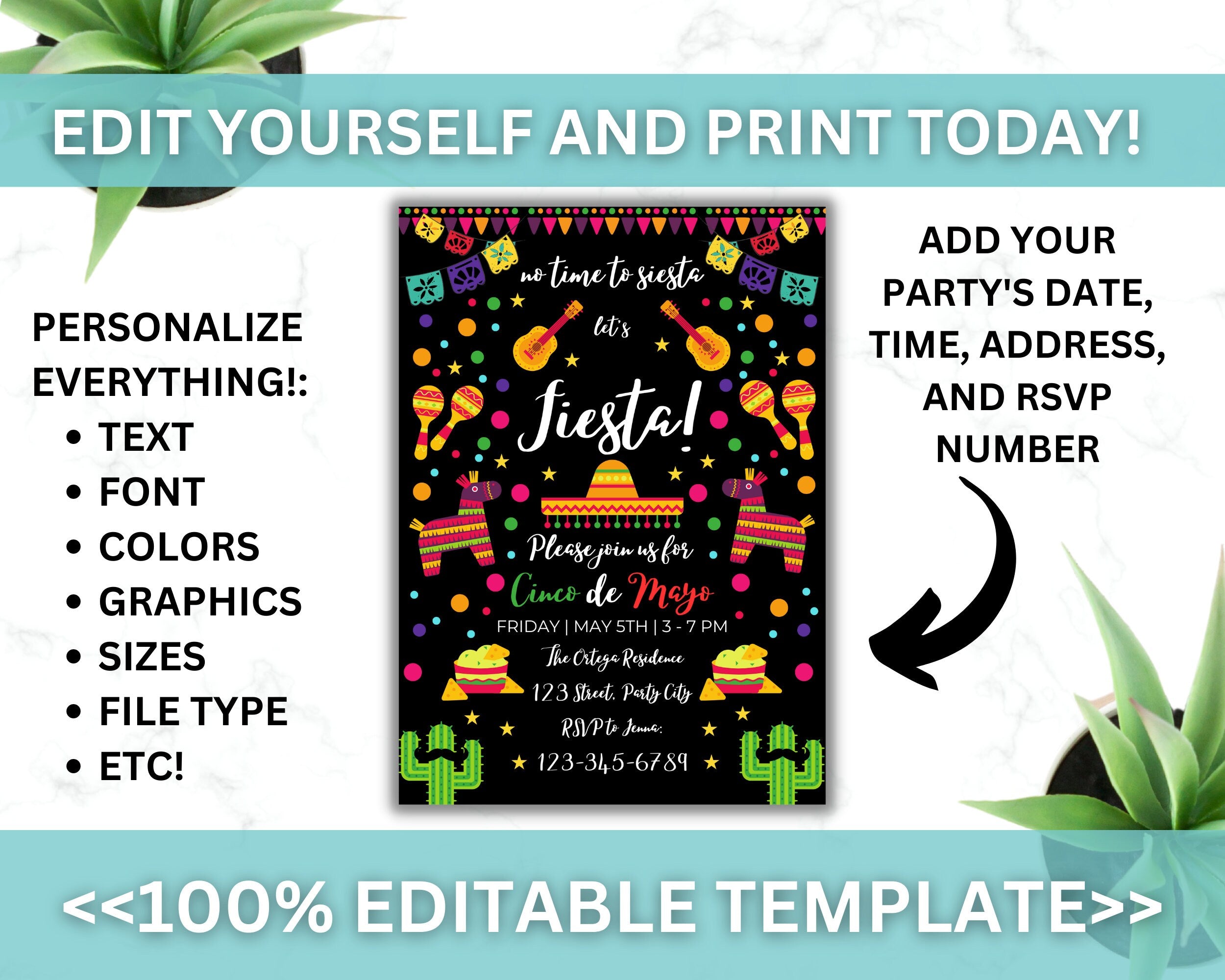 Editable Cinco De Mayo Party Invitation, Digital or Printable Cinco De Mayo Invitation, Mexican Fiesta invitation, Instant Download