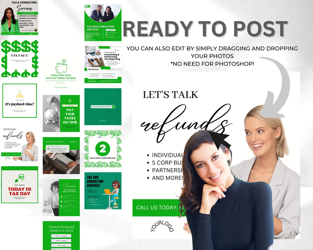 Tax Preparer Instagram Template Bundle, Emerald Green Social Media (Canva)