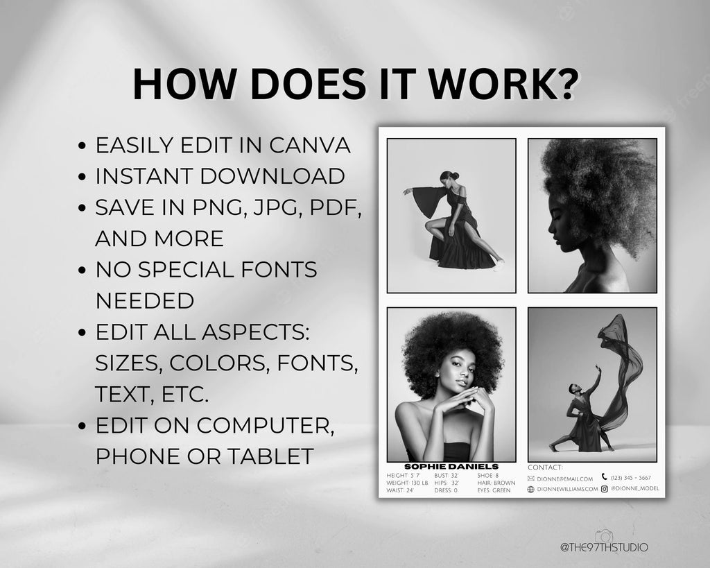 COMP CARD Template, Modeling Photocard, Zed Card for Models, Z Card, Fashion Resume Photo Card, Modeling Comp Card, Editable Canva Template