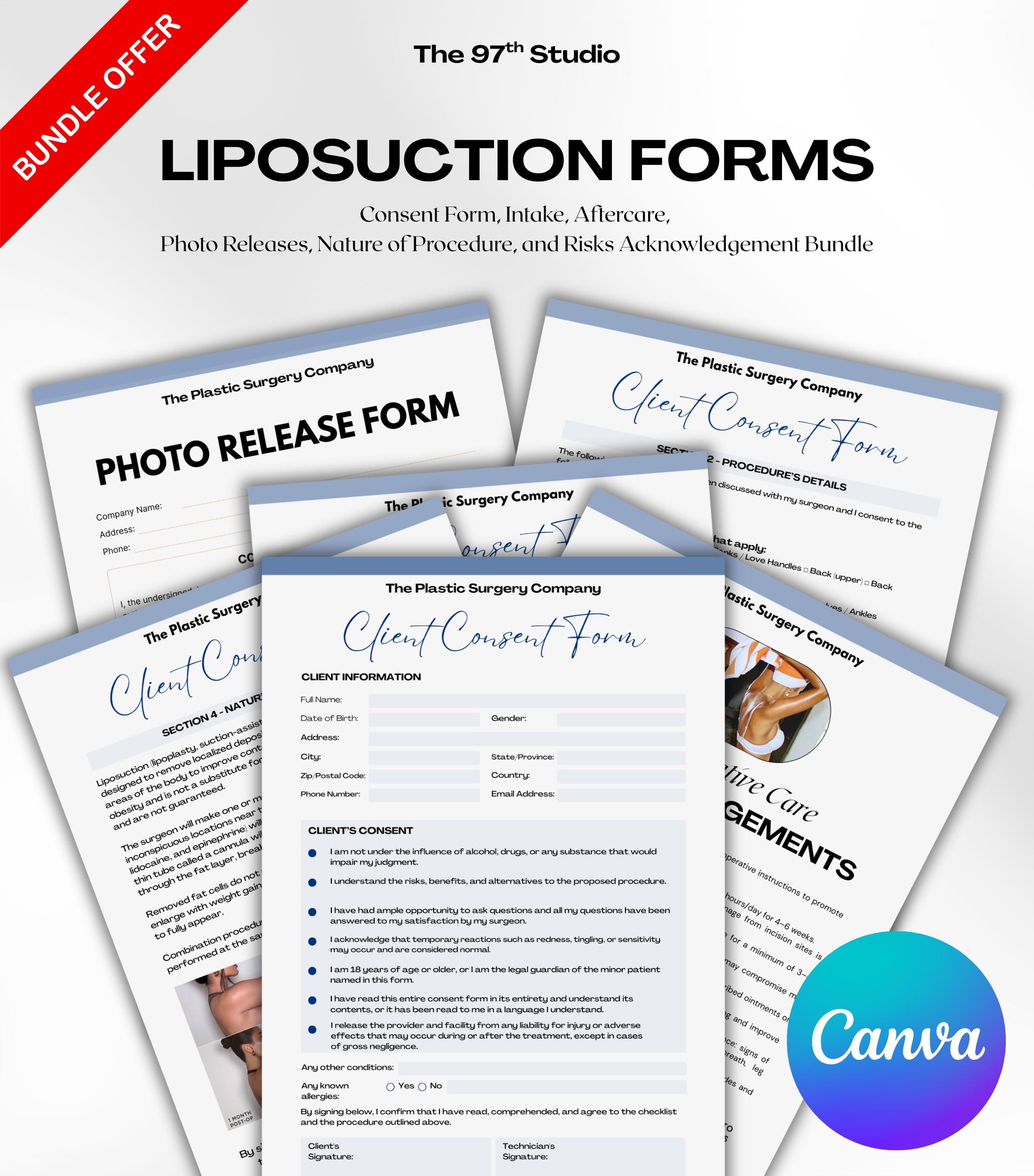 LIPOSUCTION Forms Bundle, Plastic Surgery Client Intake, Consent, Photo Release, Aftercare Forms (Canva Template) Medical Form Templates