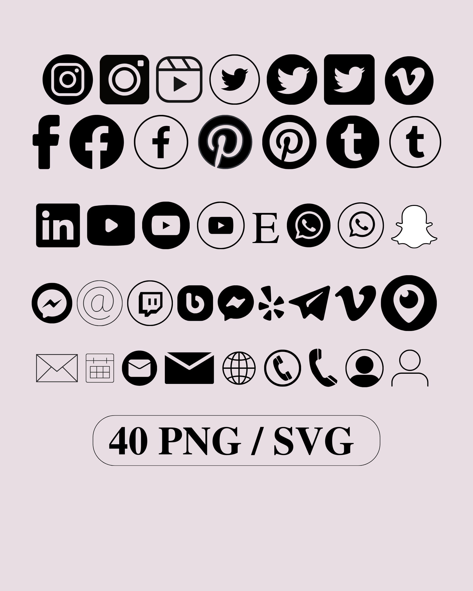 40 Social Media Icons | Instagram Svg | Social Media Icons | Transparent Icons | Commercial Use | Email Icon | Phone Icon | PNG | Cricut