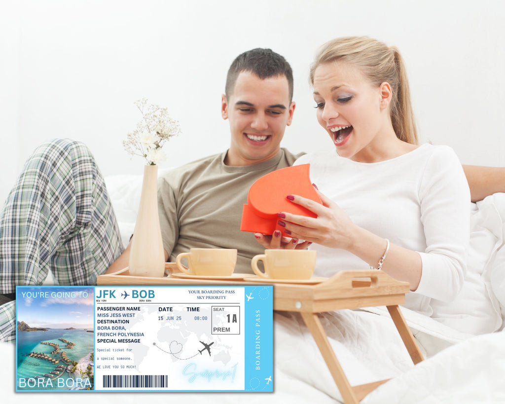 Bora Bora Surprise Boarding Pass Template, Editable Canva Flight Ticket (Digital Download)