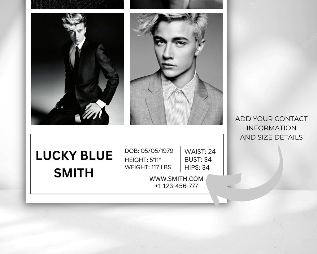 Male Model Comp Card Template, Editable Fashion Z Card (Canva)