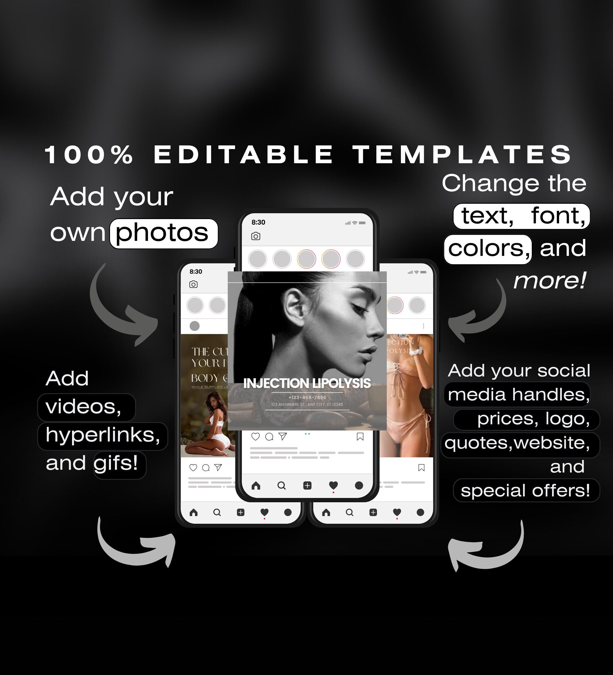 FAT DISSOLVE Instagram Posts | Injectable Lipolysis Instagram Templates | Lipolytic injections Instagram Posts | Fat Dissolving Injections