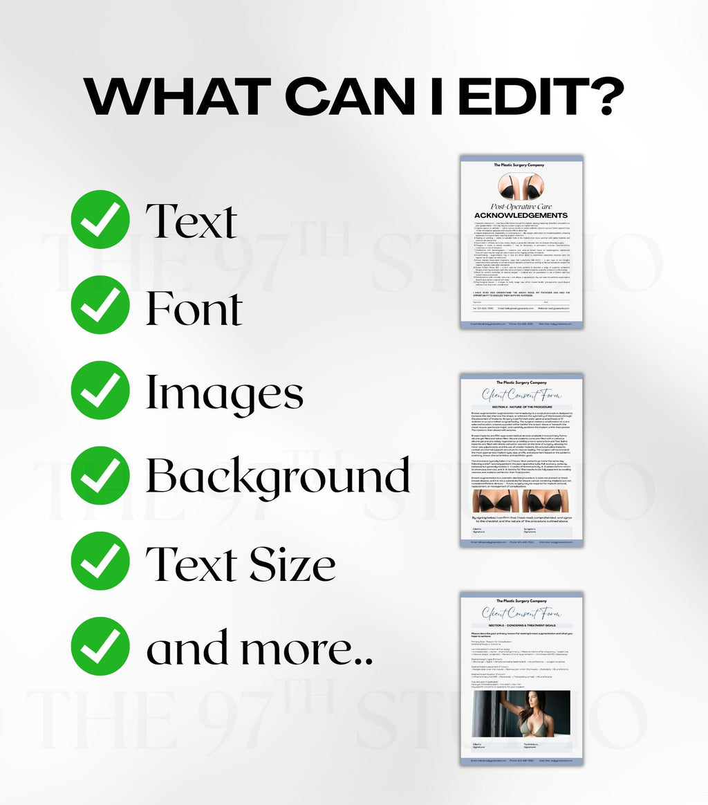 BREAST AUGMENTATION Forms Bundle, Plastic Surgery Client Intake, Consent, Photo Release, Aftercare Forms (Canva Template) Medical Forms
