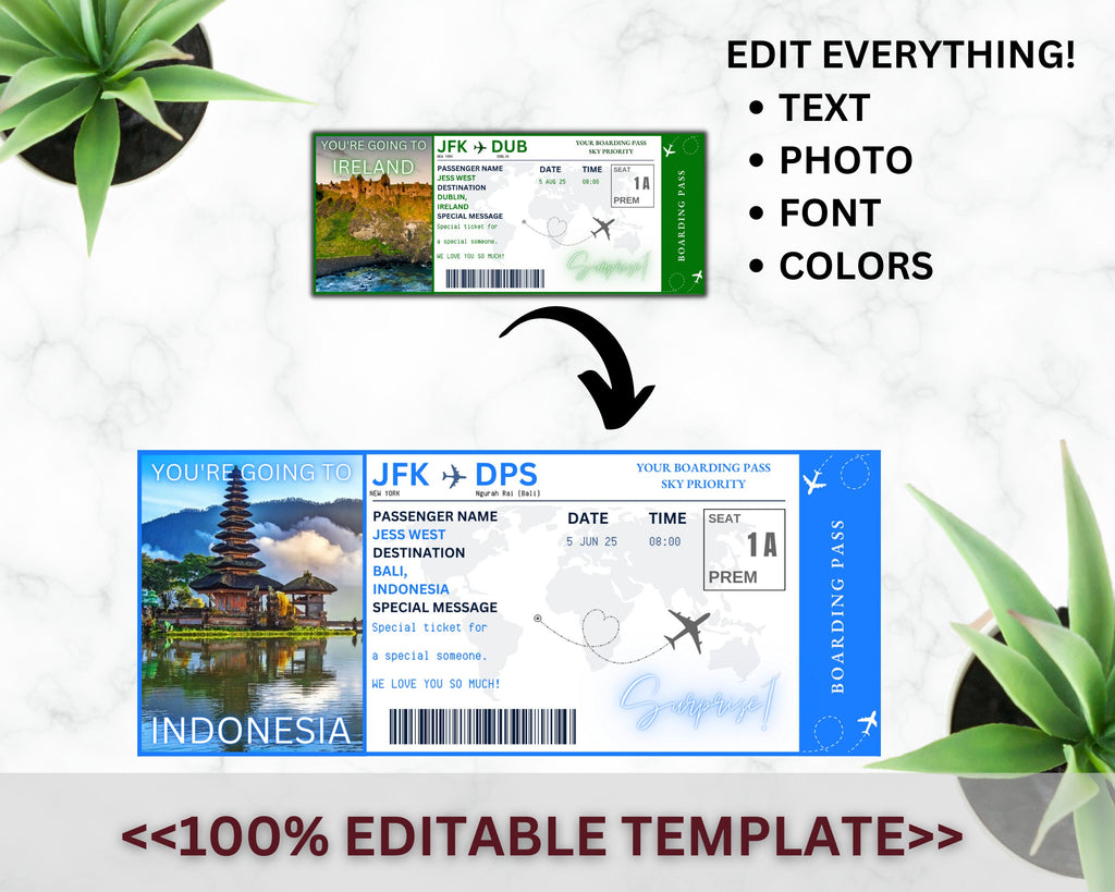 Ireland Surprise Boarding Pass Template, Editable Canva Ticket (Digital Download)