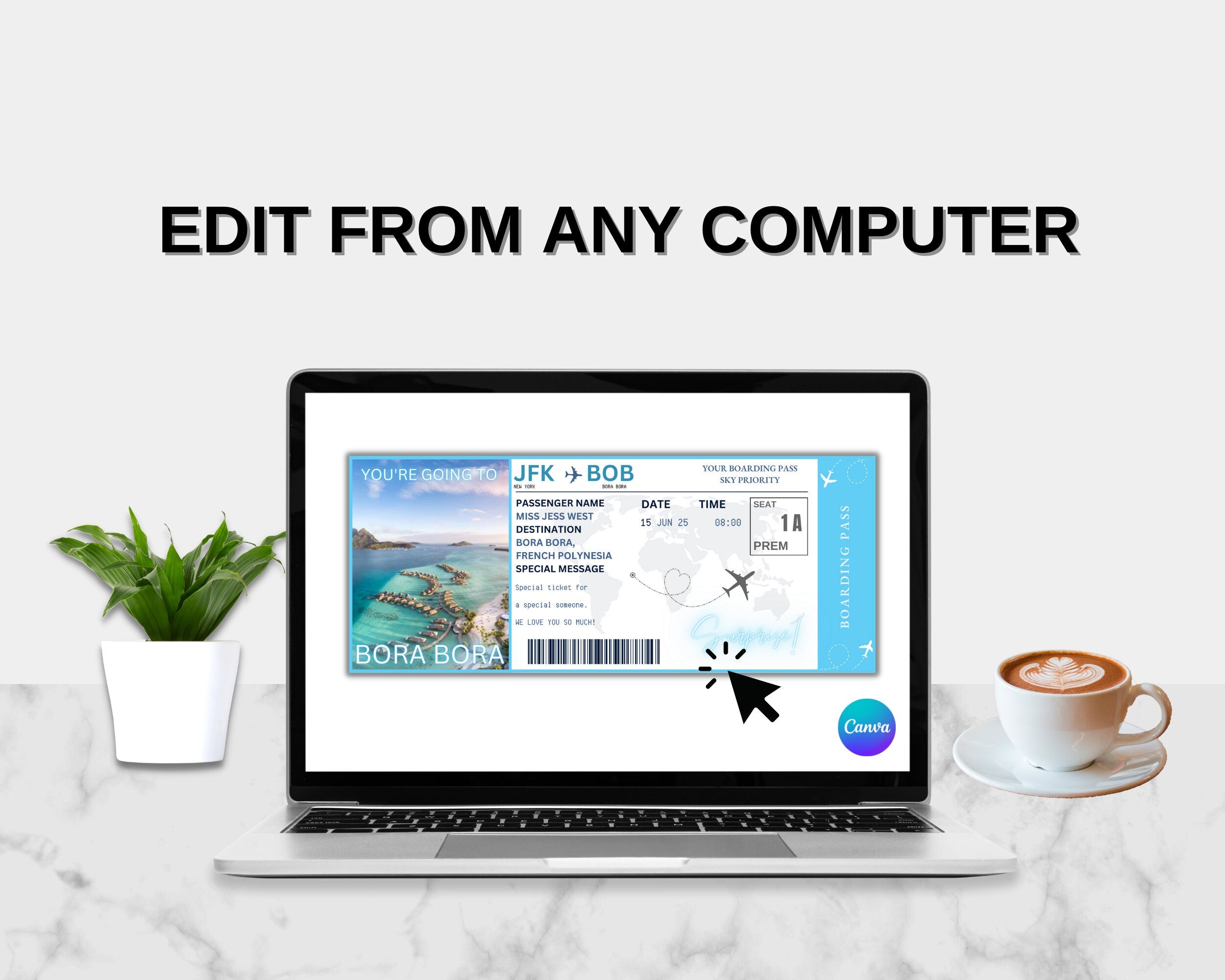 Bora Bora Surprise Boarding Pass Template, Editable Canva Flight Ticket (Digital Download)