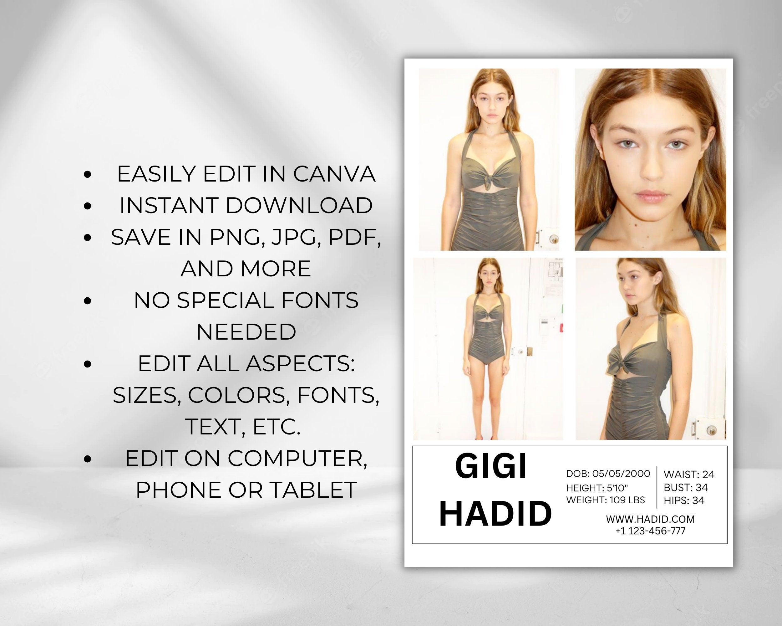 COMP CARD 2 Template, Modeling Photocard, Zed Card for Models, Z Card, Fashion Resume Photo Card, Model Comp Card, Editable Canva Template