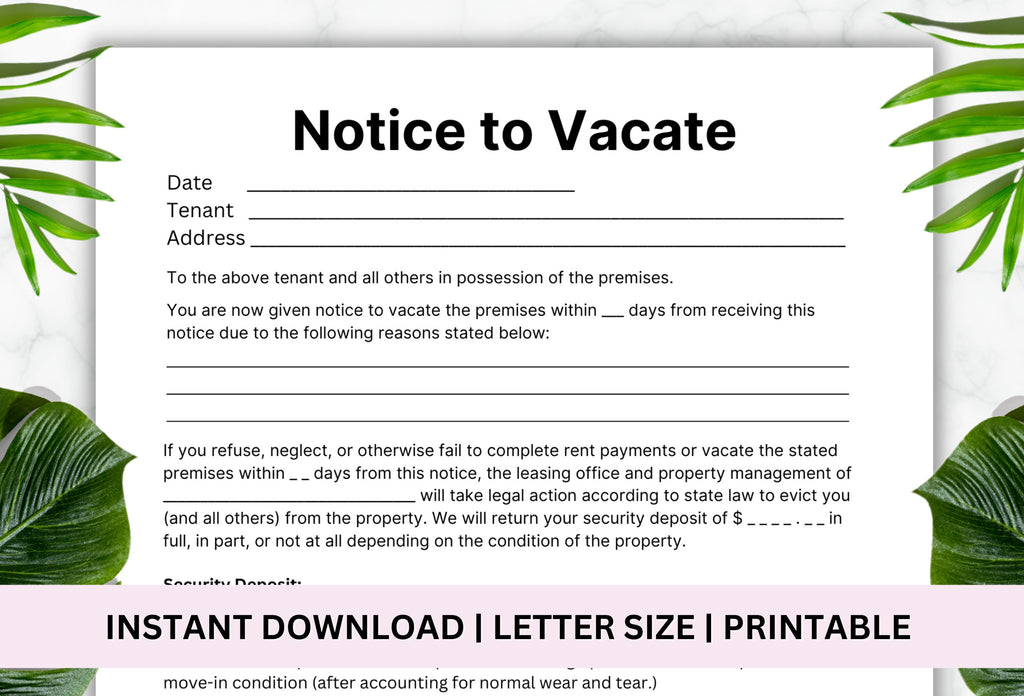 Notice to Vacate Template, Eviction Letter, Landlord Forms (PDF)