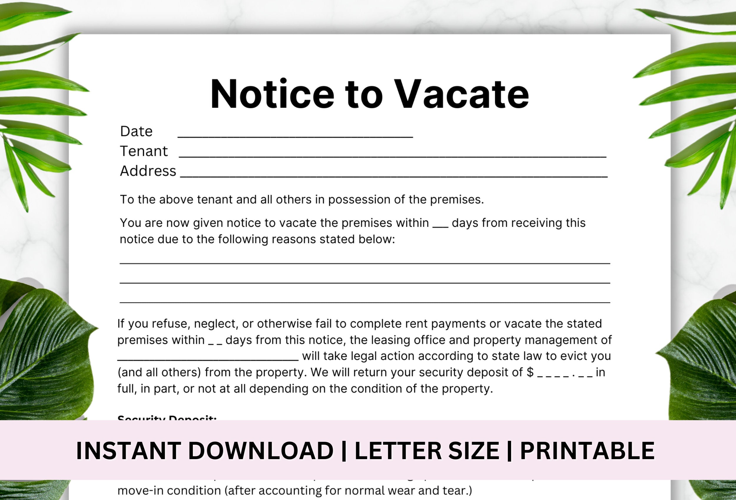 Notice to Vacate Template, Eviction Letter, Landlord Forms (PDF)