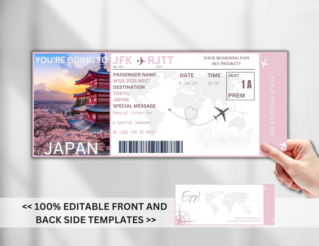 Editable Japan Boarding Pass Template, Surprise Vacation Ticket (Canva, Digital Download)