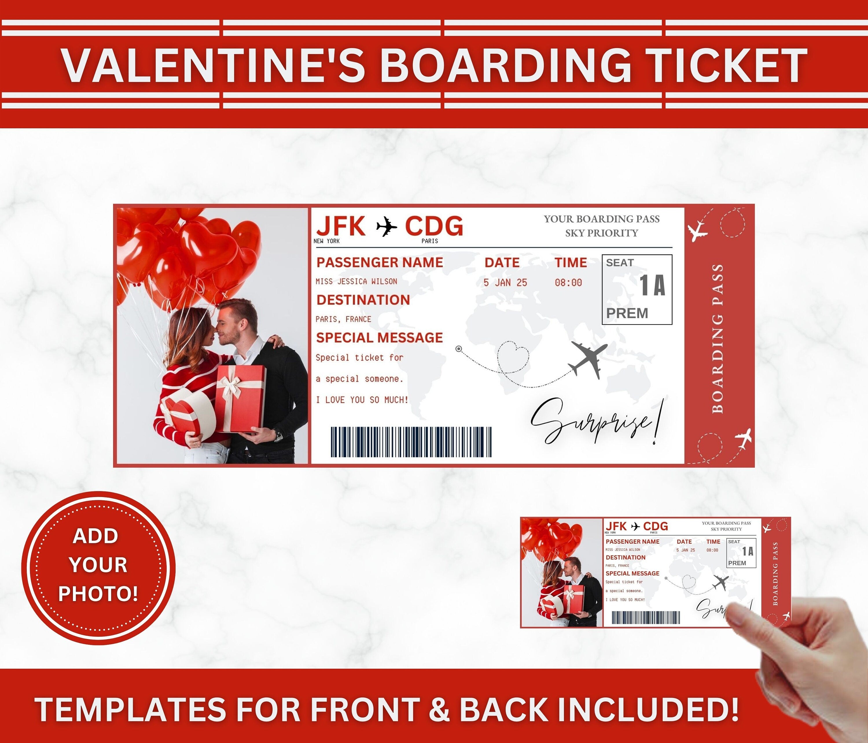 Valentine's Day Boarding Pass Template, Surprise Vacation Flight (PDF)