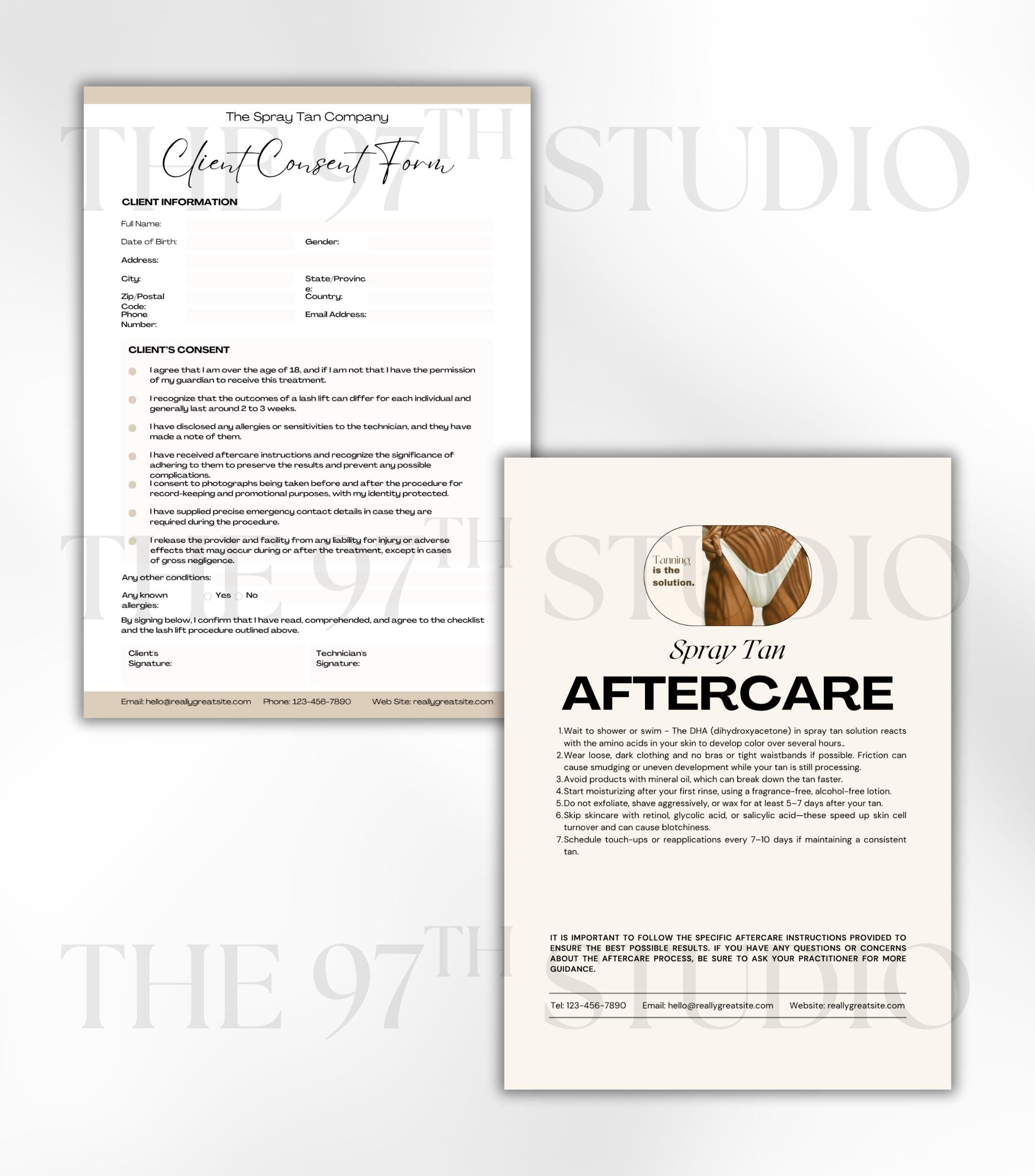 Spray Tan Business Forms, Spray Tanning Consultation Forms, Spray Tan Aftercare, Consent Form, Aftercare Cards, Spray Tan Aftercare Forms