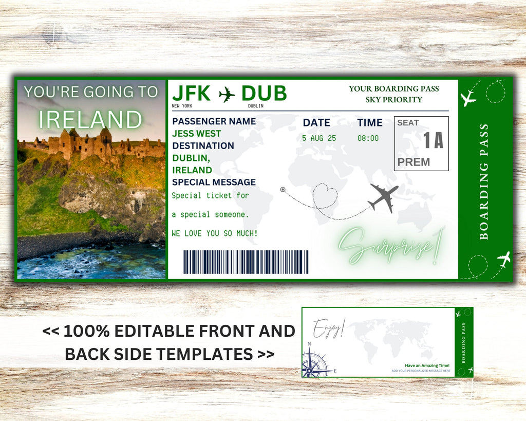 Ireland Surprise Boarding Pass Template, Editable Canva Ticket (Digital Download)
