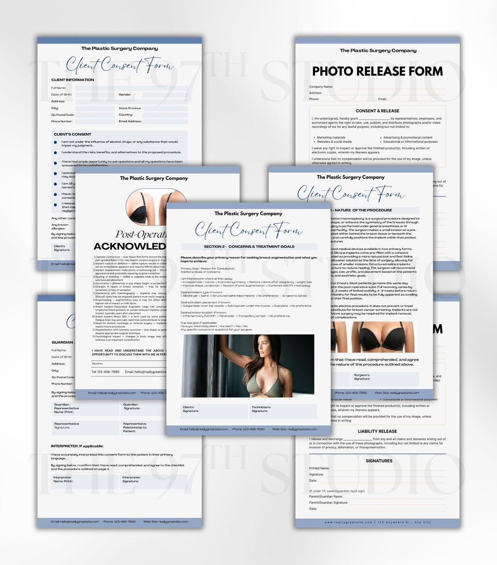 BREAST AUGMENTATION Forms Bundle, Plastic Surgery Client Intake, Consent, Photo Release, Aftercare Forms (Canva Template) Medical Forms