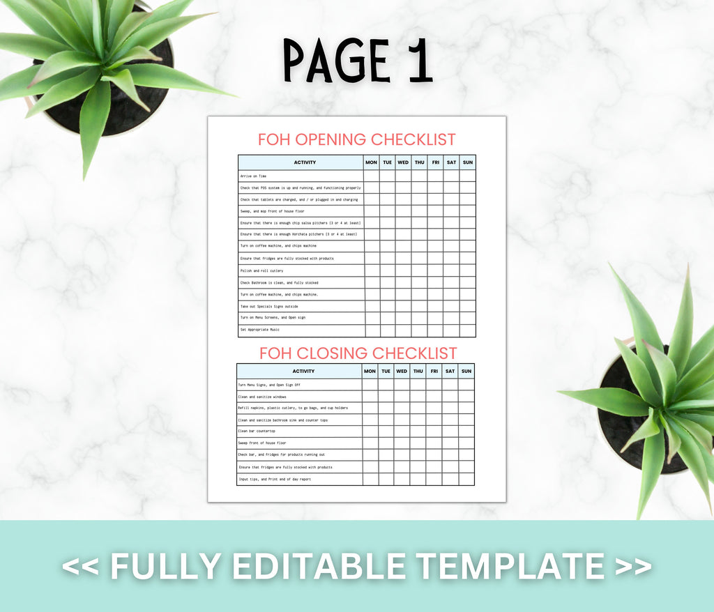 Restaurant Templates Starter Pack, Cleaning Checklist, Restaurant Manager, Restaurant Owner,Weekly Checklist, Server, Waiter,Canva Template