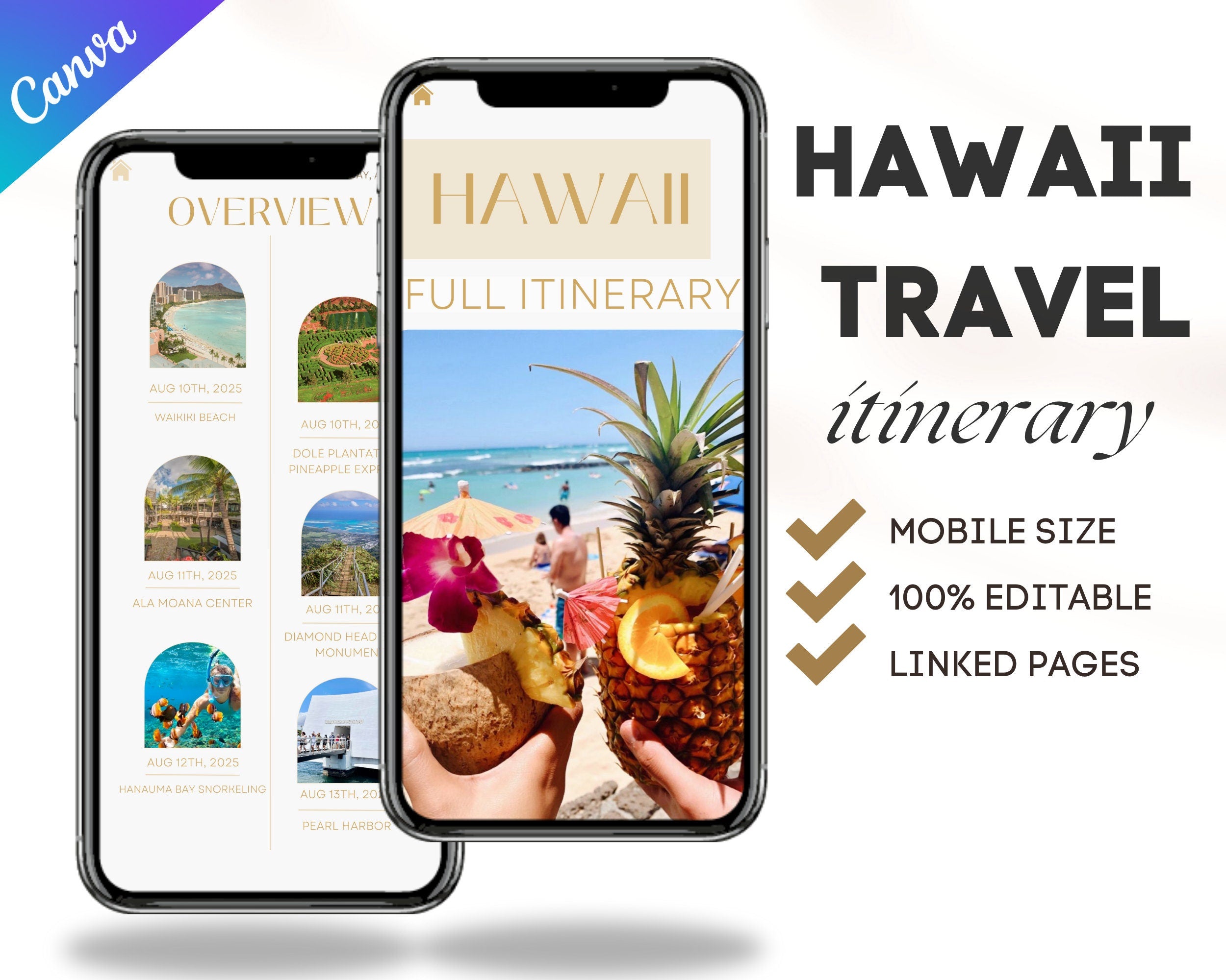 Editable Digital HAWAII Travel Itinerary, Digital Planner Modern Minimal, Travel Planner, Canva Template, Digital Template, Hawaii Itinerary