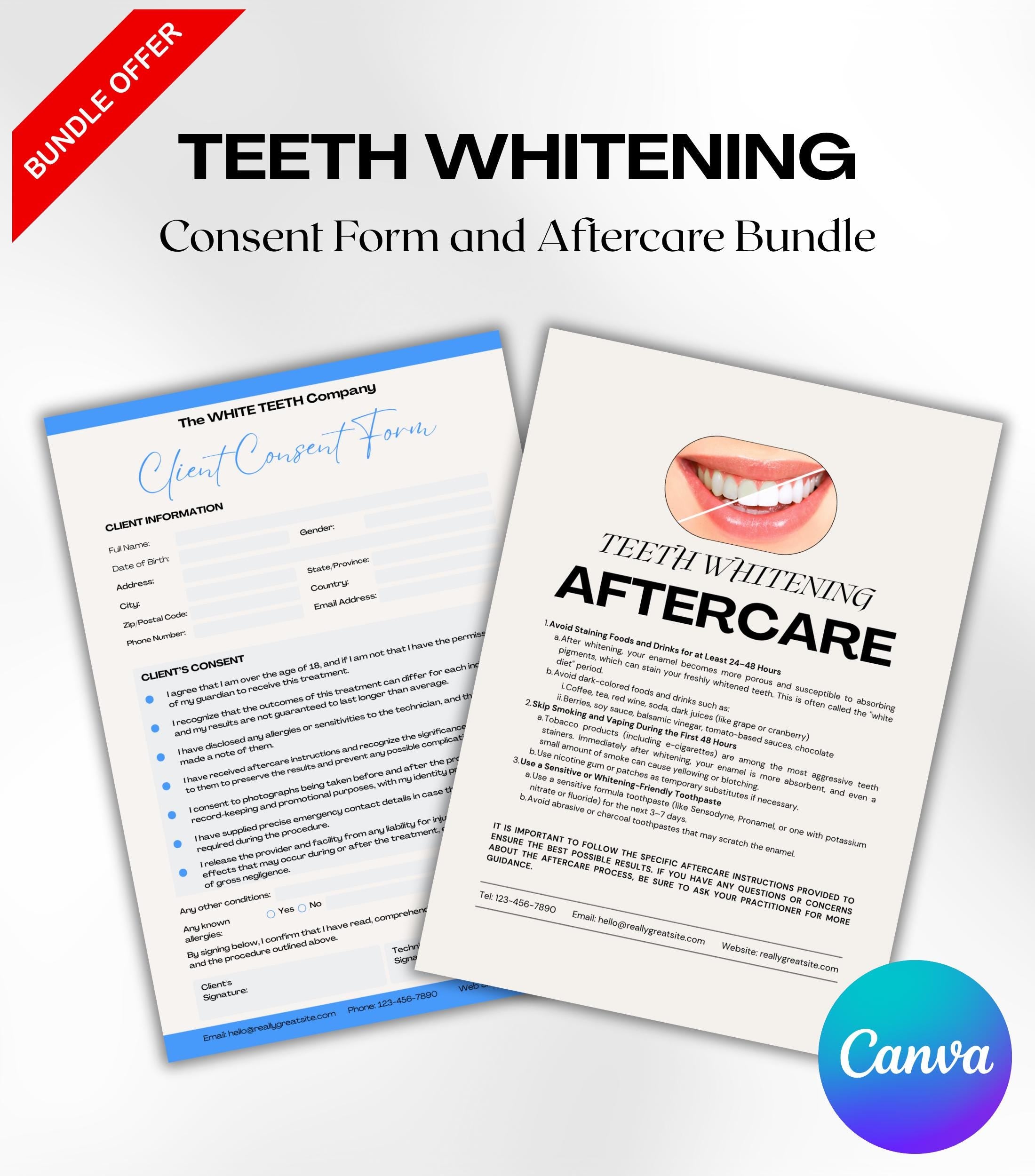 Teeth Whitening Business Forms, Teeth Whitening Consultation Forms, Teeth Whitening Aftercare, Consent Form, Aftercare Instructions