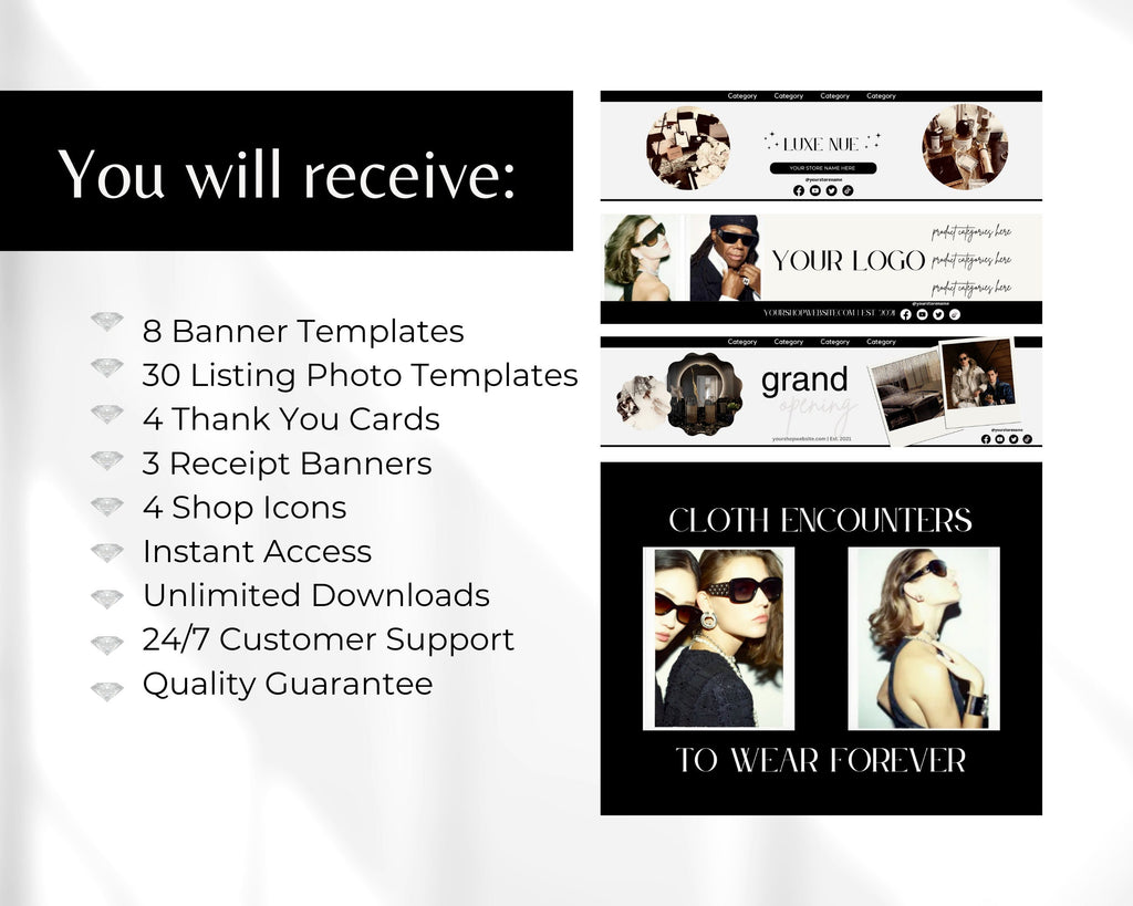 Etsy Shop Kit Canva, Branding and Logo Kit Modern Black and White, Etsy Shop Banner, Etsy Listing Photos, Fashion Etsy Shop Branding Bundle