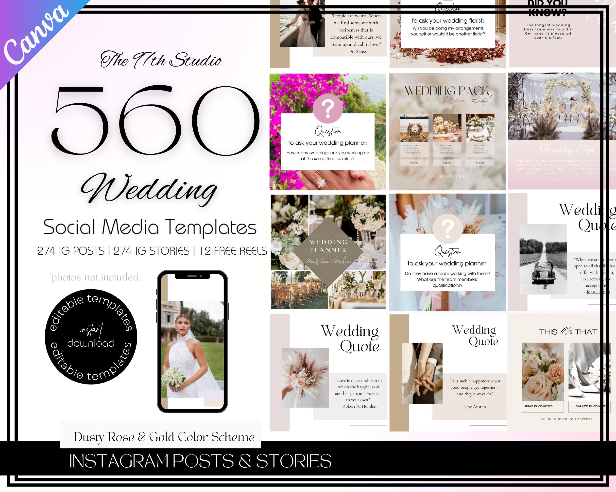 Wedding Planner Instagram Templates, Social Media Bundle (Canva)