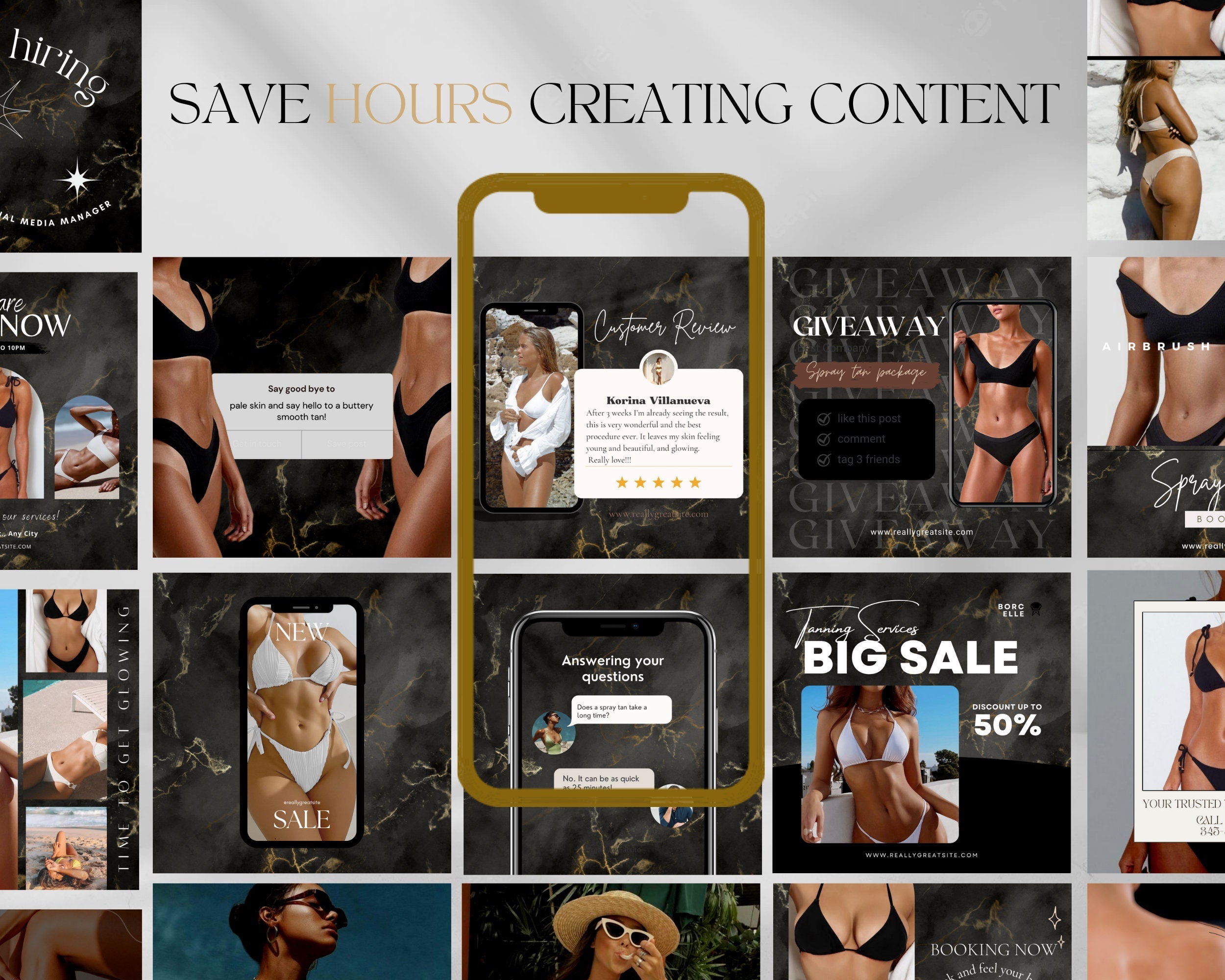 200 Black Marble Spray Tanning Instagram Posts | Spray Tan Instagram Posts | Spray Tan Social Media | Spray Tan Artist | Spray Tan Marketing