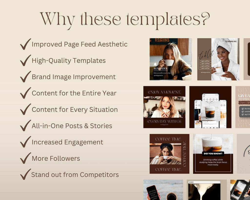 Coffee Instagram Post Templates | Beige Social Media (Canva Editable)