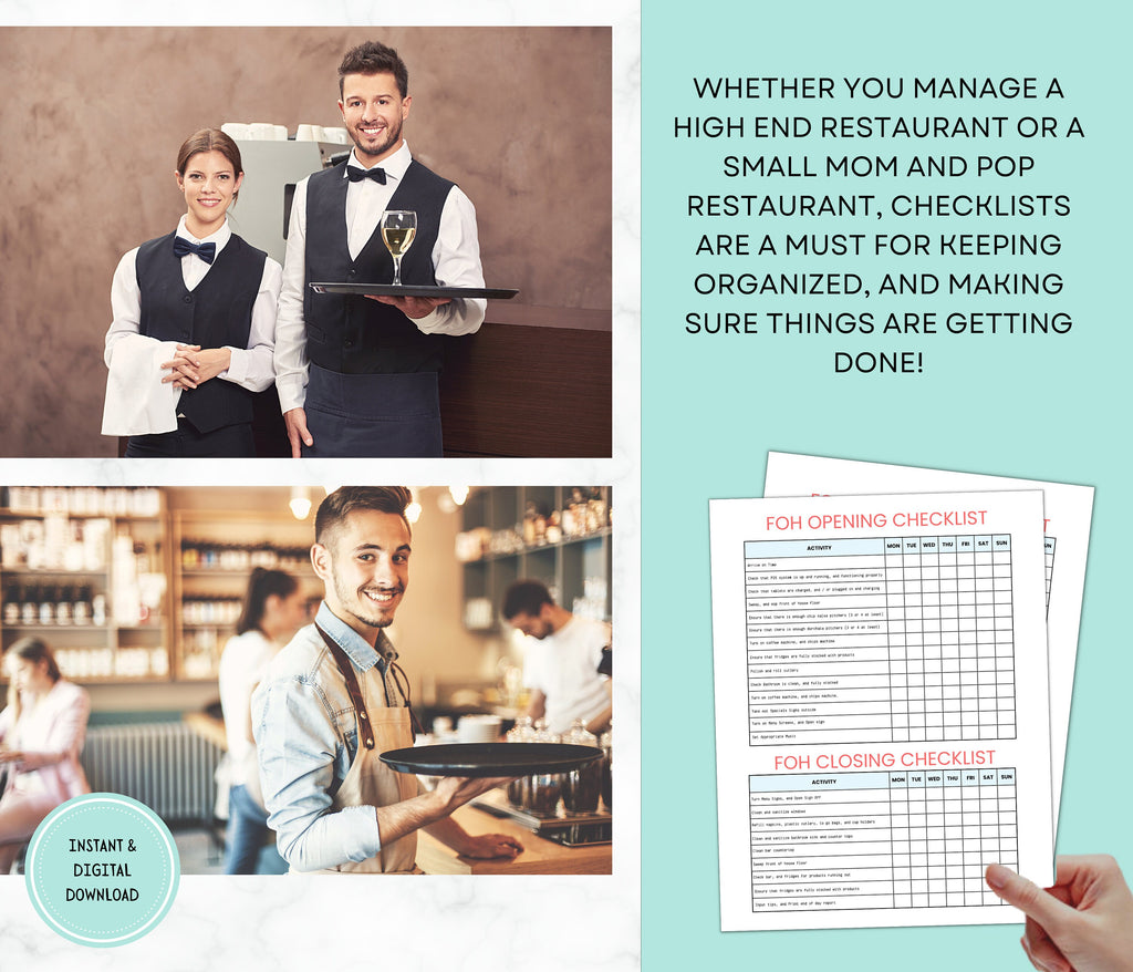 Restaurant Templates Starter Pack, Cleaning Checklist, Restaurant Manager, Restaurant Owner,Weekly Checklist, Server, Waiter,Canva Template